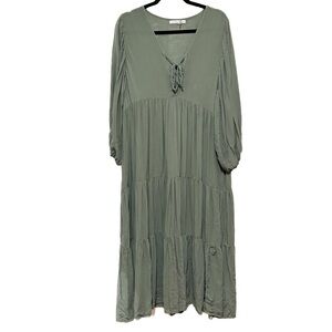 Young Fabulous & Broke Sage Green Maxi Dress Boho Lagenlook Bohemian Tiered Lg